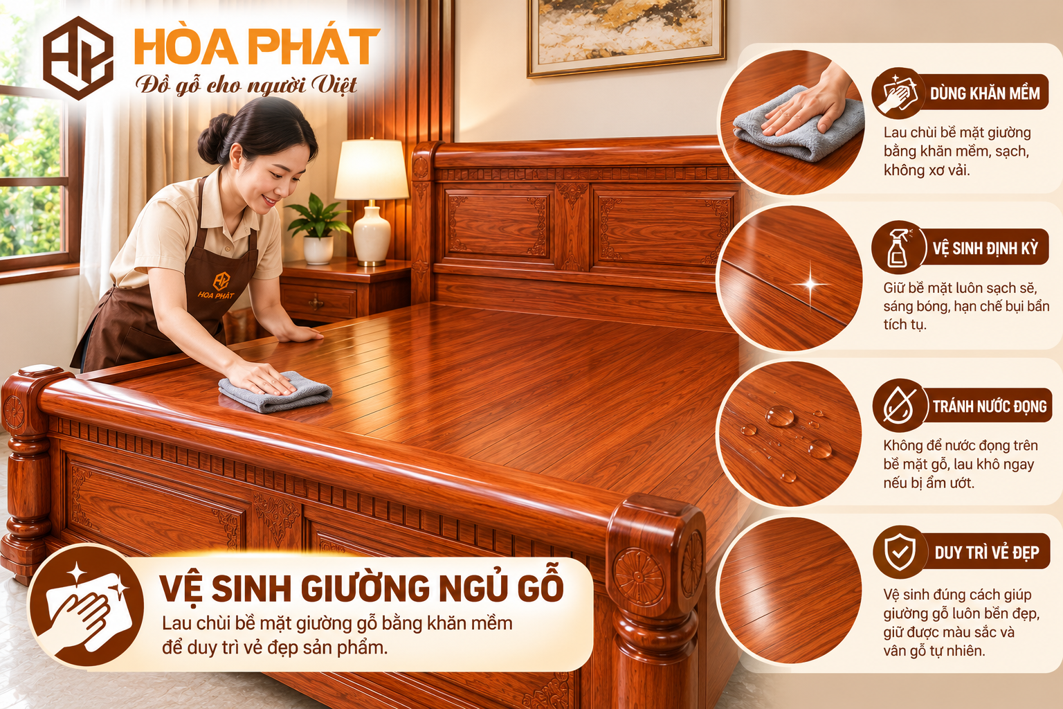 Lau chùi bề mặt giường gỗ bằng khăn mềm để duy trì vẻ đẹp sản phẩm.