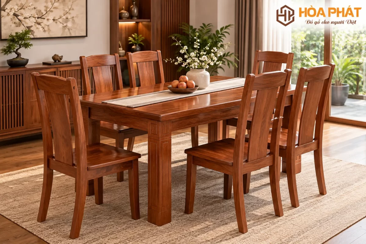 Bộ bàn ăn gỗ xoan đào mang vẻ đẹp ấm áp, gần gũi và đậm phong cách nội thất truyền thống