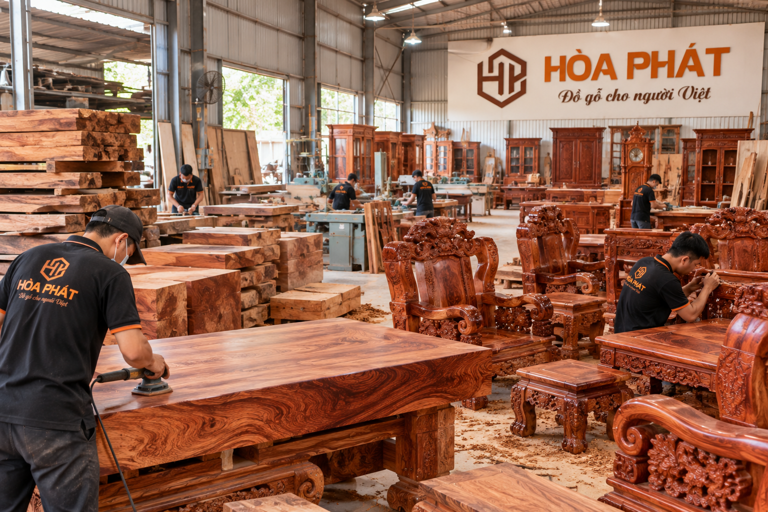 Xưởng sản xuất Đồ Gỗ Hòa Phát với các sản phẩm nội thất gỗ tự nhiên.