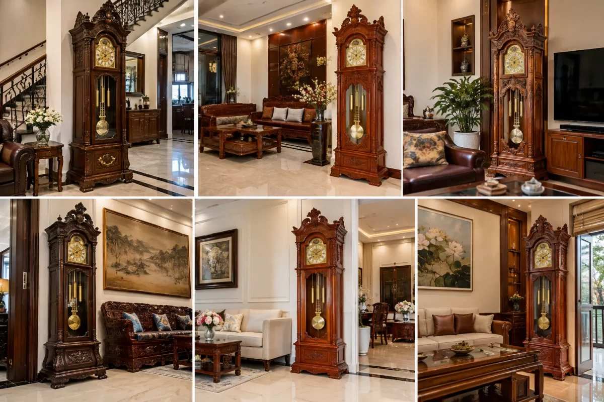 Bố trí đồng hồ cây hài hòa với bàn ghế gỗ giúp không gian phòng khách thêm cân đối.