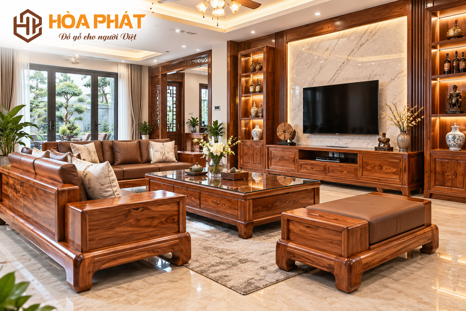 Không gian nội thất gỗ phòng khách sang trọng, ấm cúng với các sản phẩm đồ gỗ tự nhiên.