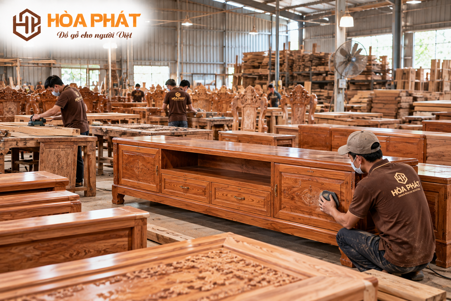 Không gian sản xuất và hoàn thiện nội thất gỗ tại Đồ Gỗ Hòa Phát.
