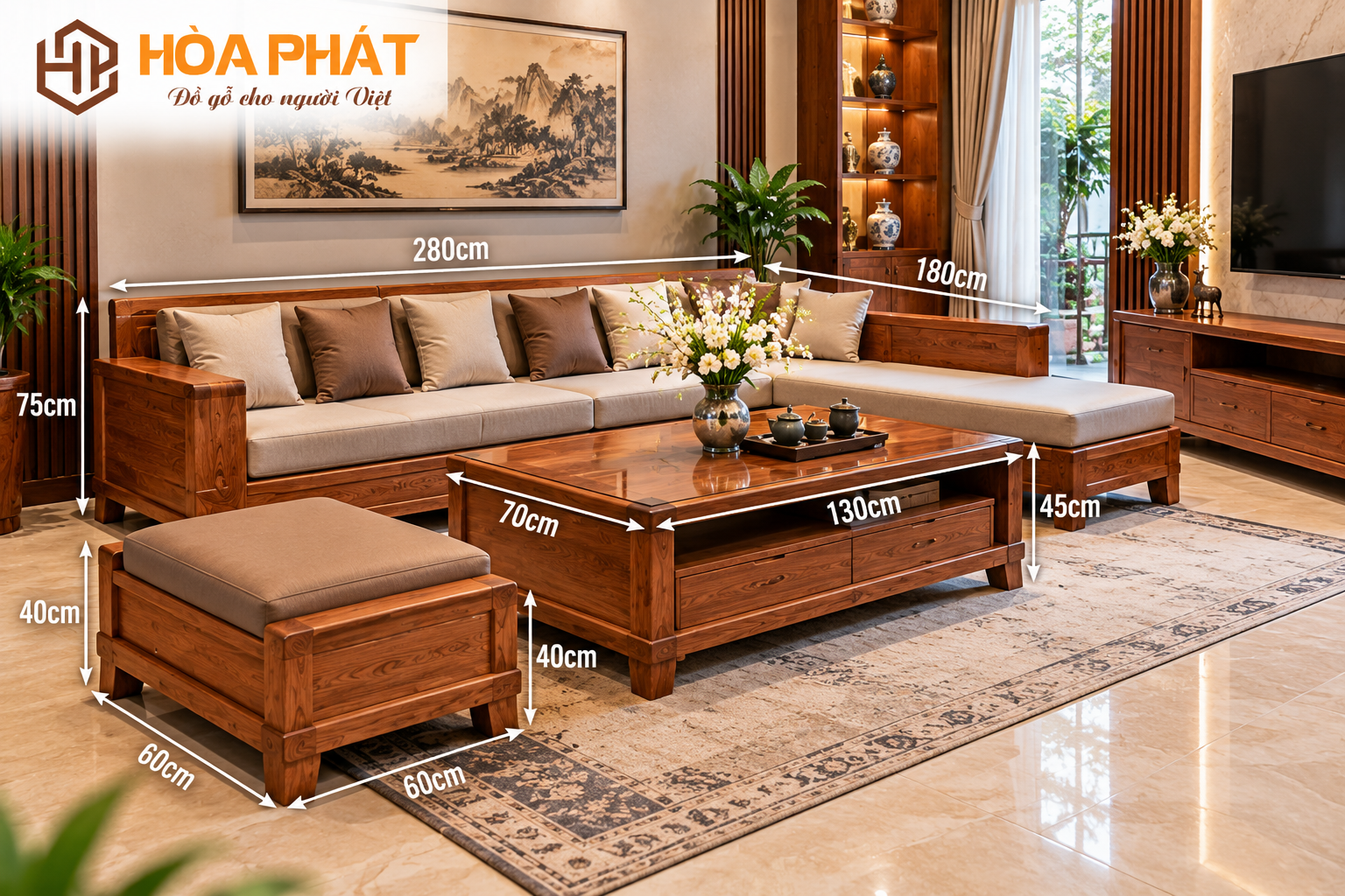 Lựa chọn kích thước bàn ghế phù hợp với diện tích thực tế của phòng khách.