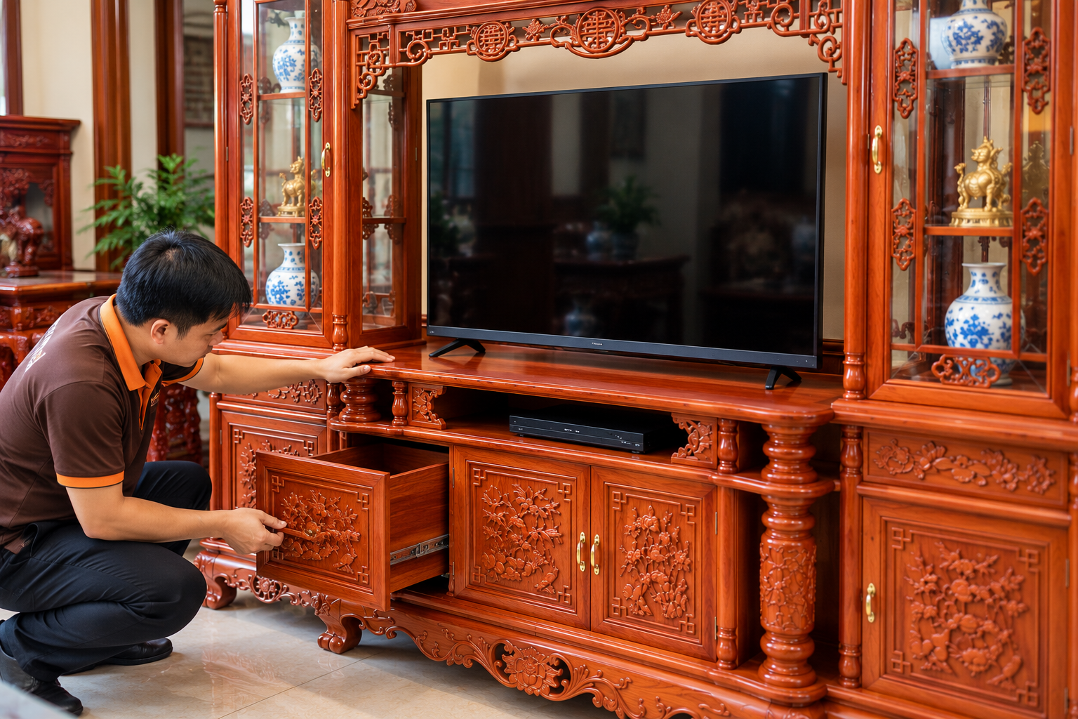 Kiểm tra bề mặt gỗ, ngăn kéo và các mối liên kết trước khi lựa chọn kệ tivi.