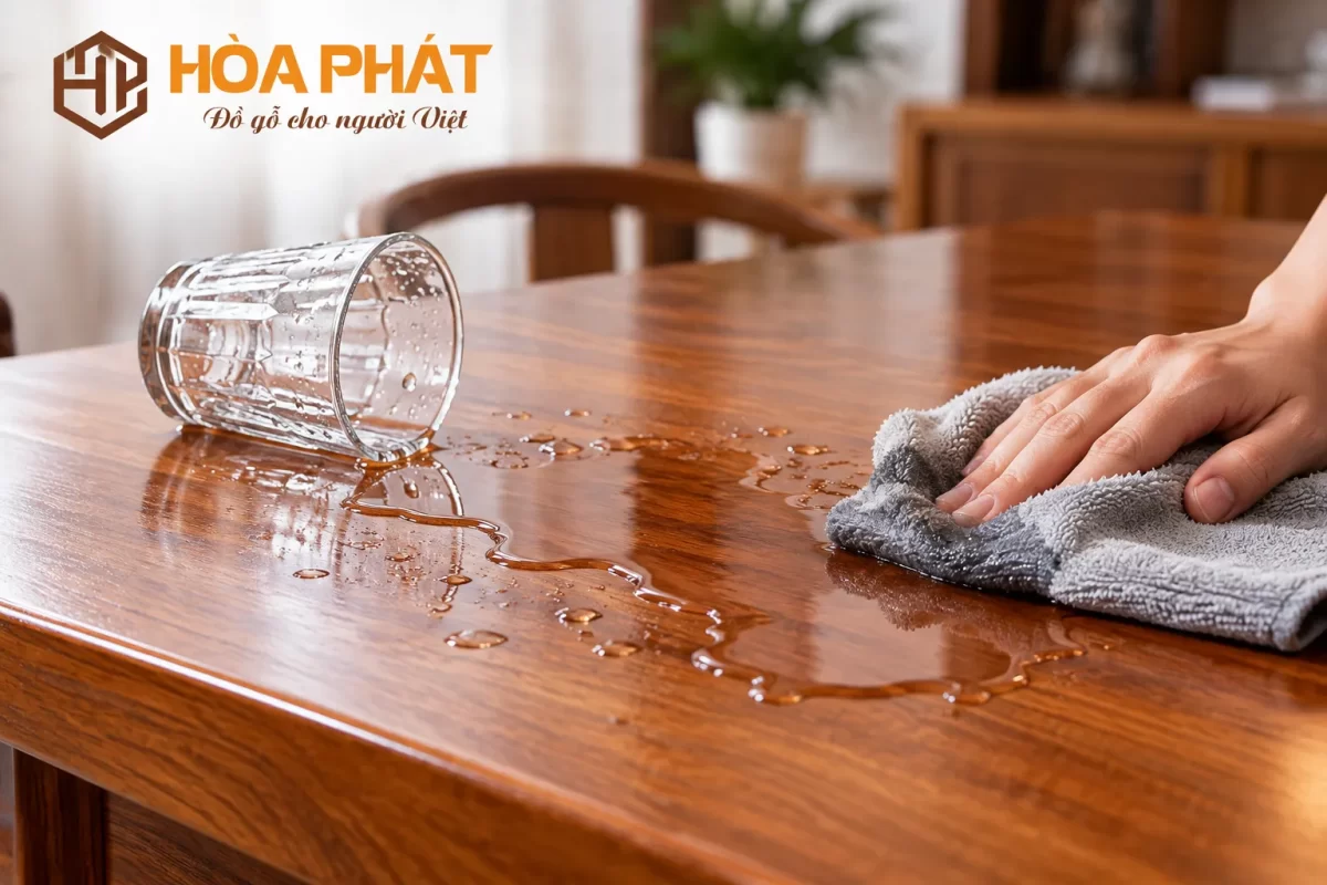 Xử lý ngay chất lỏng bị đổ giúp hạn chế vết ố và ảnh hưởng bề mặt gỗ
