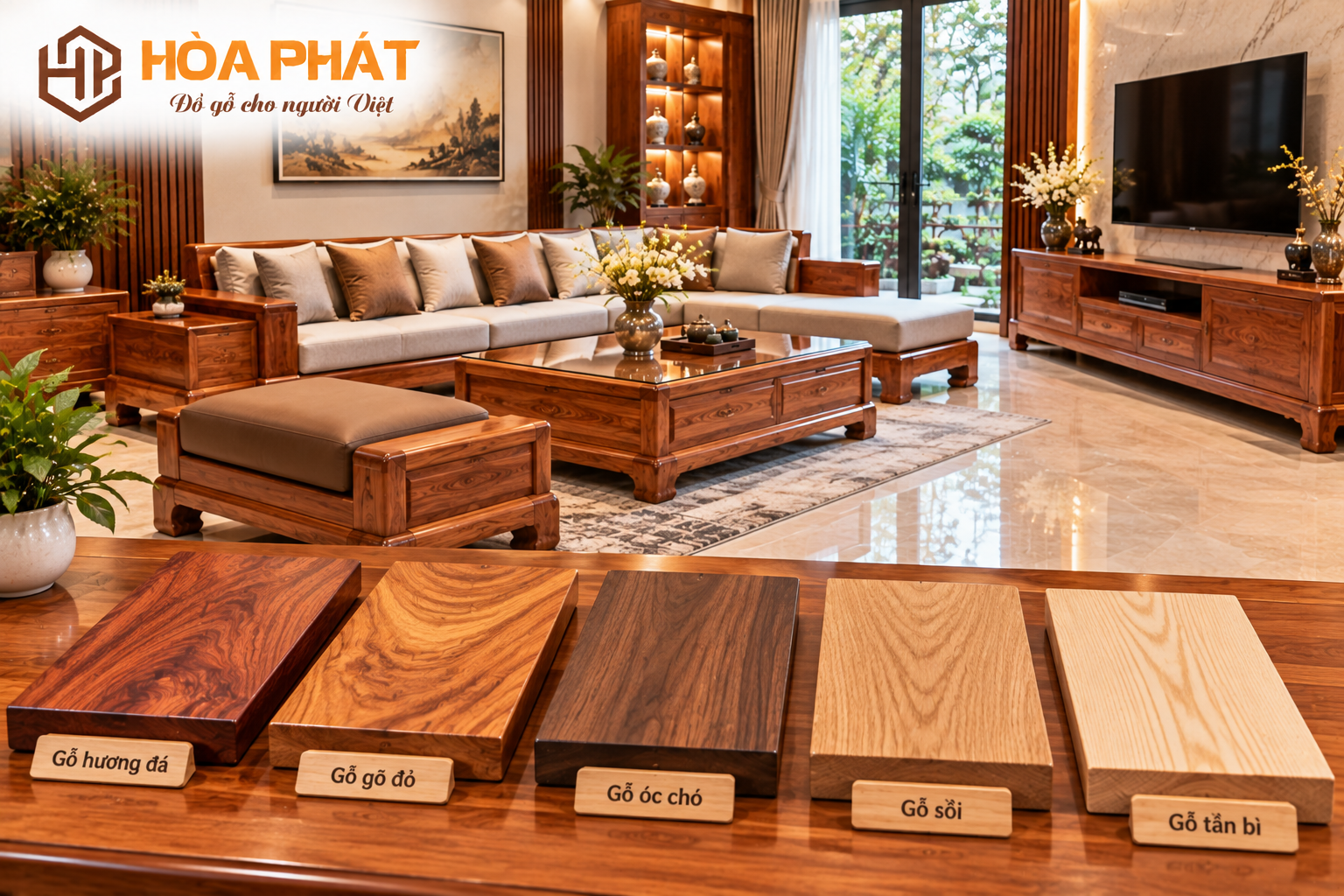 Lựa chọn chất liệu gỗ phù hợp giúp định hình phong cách và màu sắc tổng thể của phòng khách.