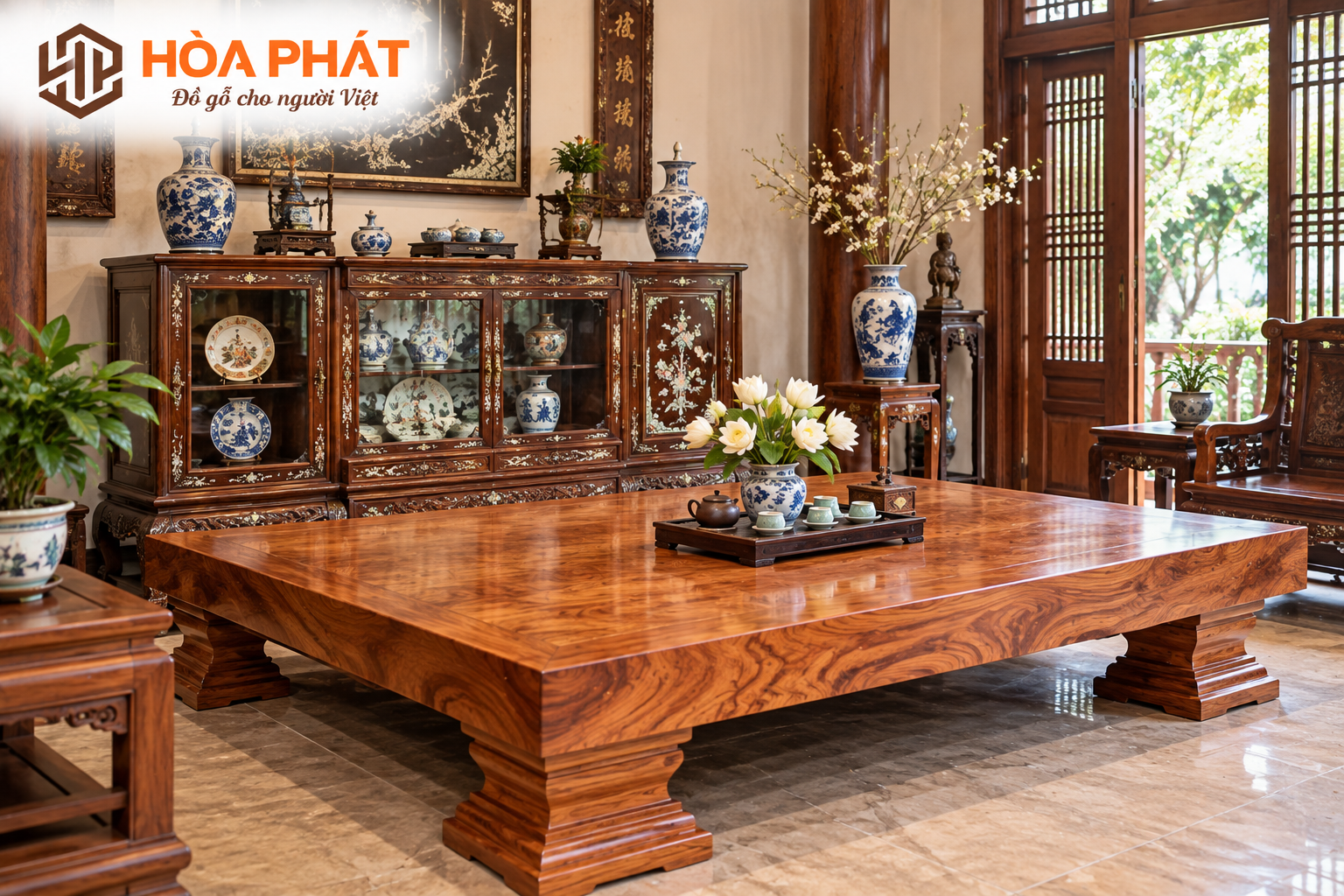 Phản gỗ kết hợp tủ chè tạo không gian phòng khách mang đậm nét truyền thống.