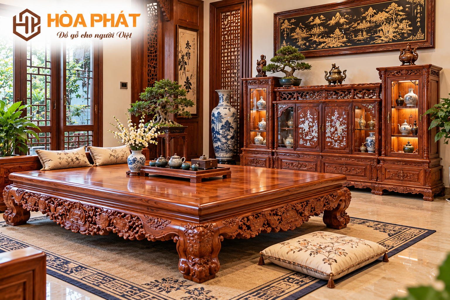 Sập gỗ kết hợp tủ chè tạo không gian phòng khách mang đậm nét đẹp truyền thống.