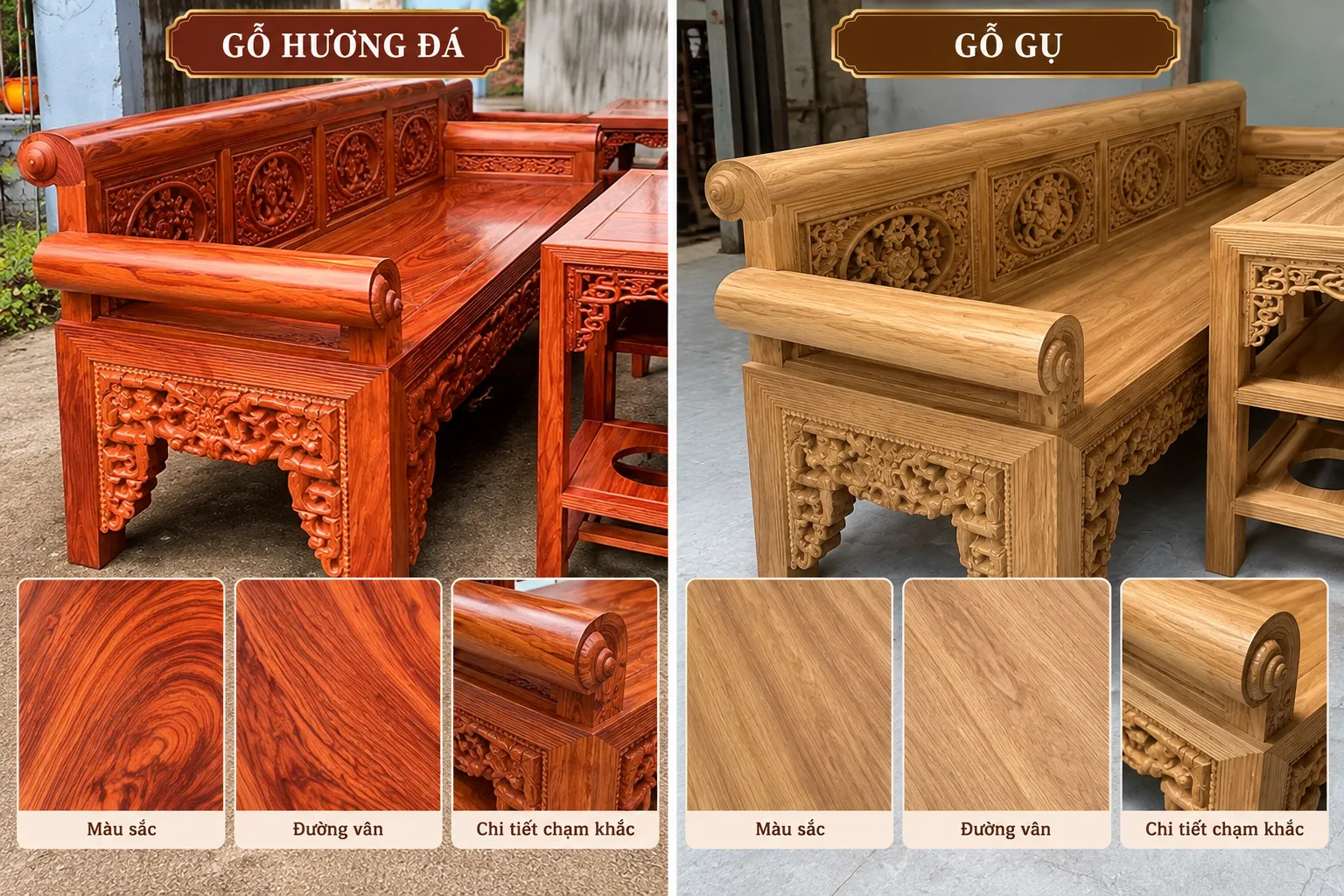 Trường Kỷ Gỗ Gụ Và Gỗ Hương Đá: Nên Chọn Loại Nào? So sánh màu sắc và đường vân tự nhiên của gỗ gụ với gỗ hương đá.