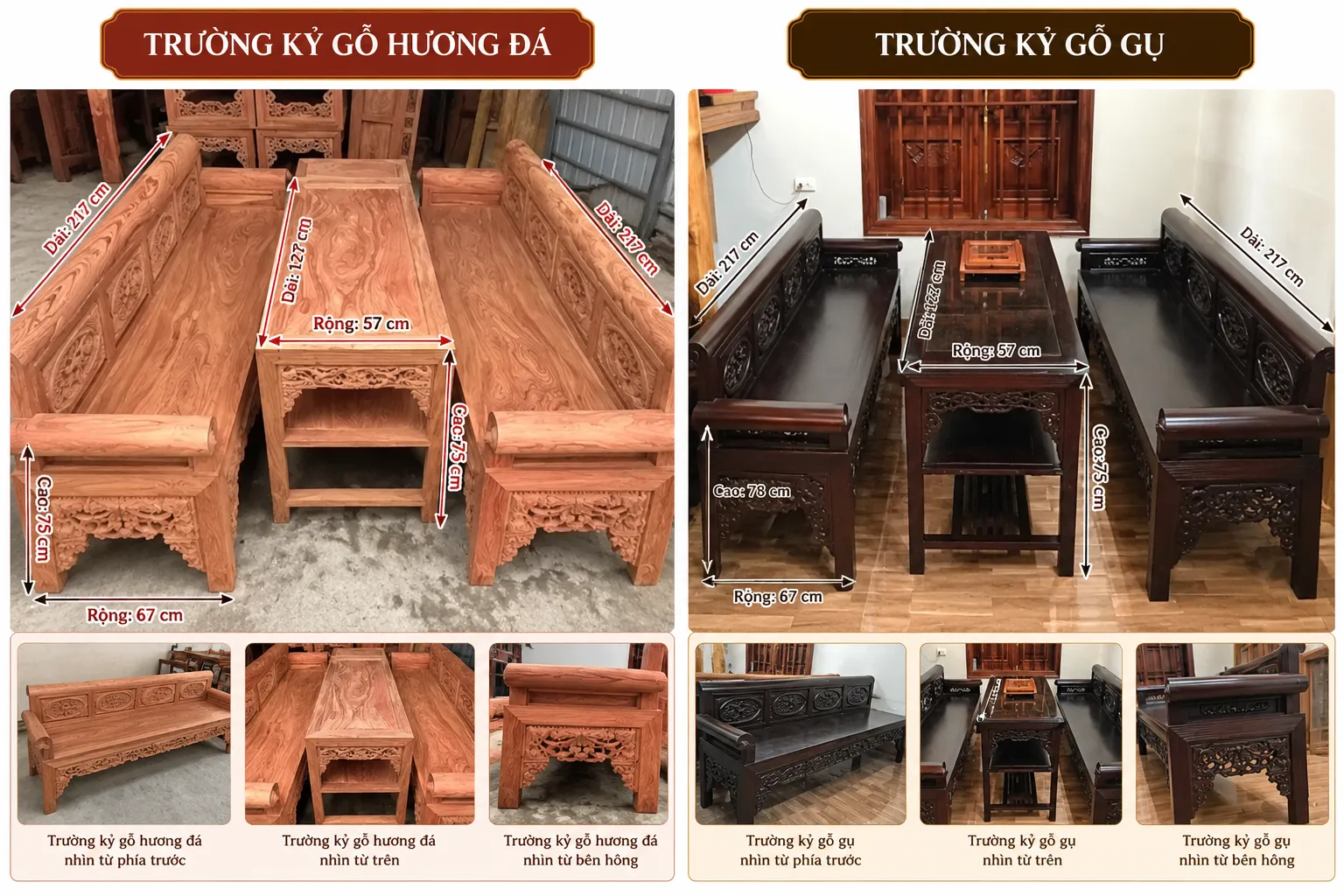 Trường Kỷ Gỗ Gụ Và Gỗ Hương Đá: Nên Chọn Loại Nào? Giá trường kỷ gỗ tự nhiên phụ thuộc vào chất liệu, kích thước, vân gỗ và độ hoàn thiện.