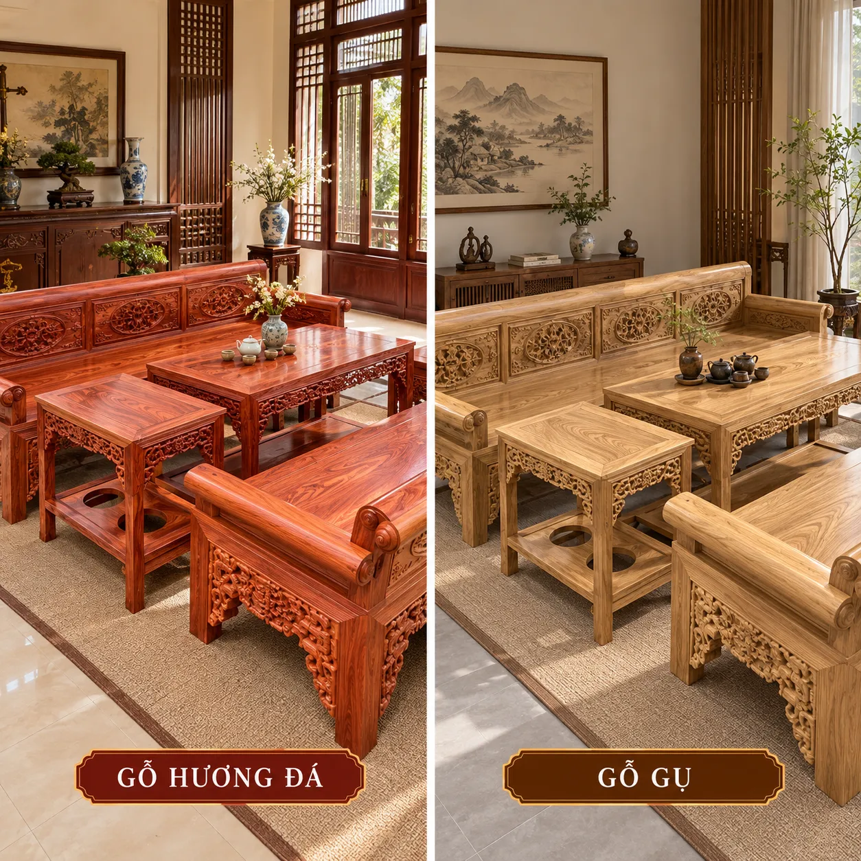 Trường Kỷ Gỗ Gụ Và Gỗ Hương Đá: Nên Chọn Loại Nào? Hai bộ trường kỷ được bố trí trong không gian phòng khách phù hợp với phong cách của từng loại gỗ.
