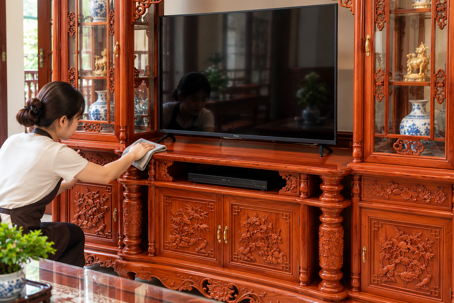 Vệ sinh kệ tivi gỗ bằng khăn mềm giúp duy trì vẻ đẹp bề mặt sản phẩm.